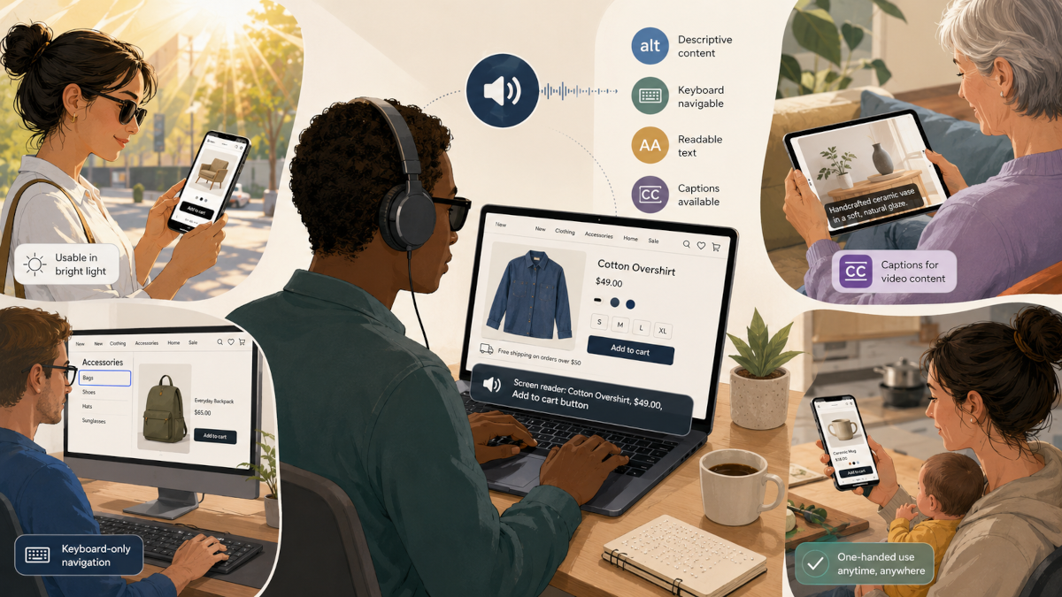 A person using a screen reader to shop online while others interact with the same website through different devices and conditions.