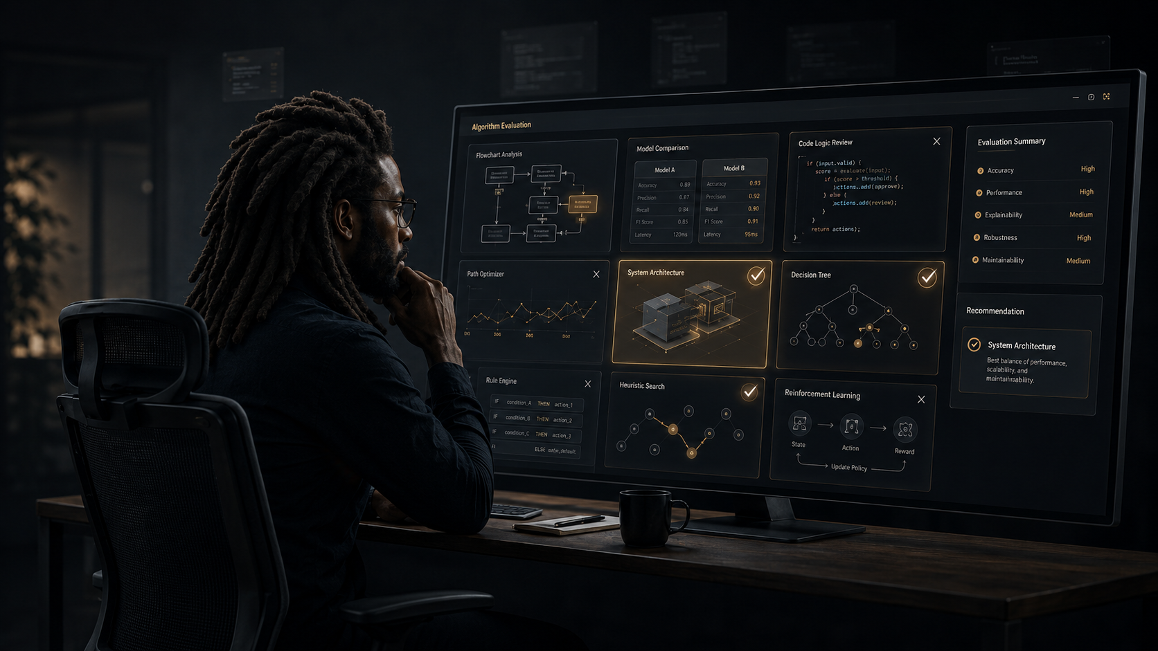 An engineer reviewing code, product requirements, system diagrams, and user flows while deciding what should actually be built.